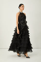Love You So Black Embellished Tiered Ruffle Maxi Dress