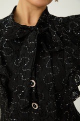 Moment Maker Black Embellished Lace Ruffle Shoulder Top & Skirt Set
