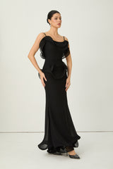 Trend Seeker Black Asymmetric Ruffle Backless Maxi Dress