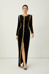 Dramatic Stunner Black Sequin Trim Crystal Brooch Velvet Maxi Dress