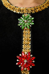 Dramatic Stunner Black Sequin Trim Crystal Brooch Velvet Maxi Dress