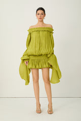 Want The Best Green Off Shoulder Ruffle Mini Dress