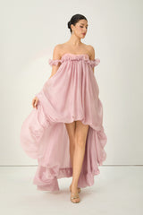 Endlessly Darling Pink Off Shoulder High Low Ruffle Maxi Dress