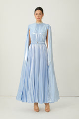 Starlit Shores Blue Cape Sleeve Pleated Maxi Dress