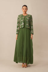 In My Element Green Sequin Floral Crop Jacket & Pleated Dress Set