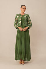 In My Element Green Sequin Floral Crop Jacket & Pleated Dress Set
