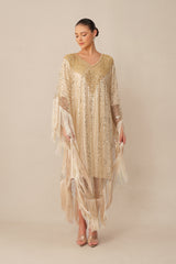 Turn Heads Tonight Beige Sequin Embellished Fringe Maxi Dress