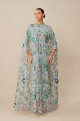 Make An Entrance Blue Floral Sequin Cape Maxi Dress