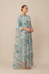 Make An Entrance Blue Floral Sequin Cape Maxi Dress