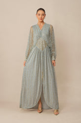 Moonlit Romance Blue Beaded Sheer Balloon Sleeve Maxi Dress