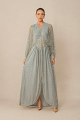 Moonlit Romance Blue Beaded Sheer Balloon Sleeve Maxi Dress