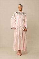 Quiet Luxury Pink Rhinestone Collar Long Sleeve Maxi Dress