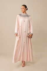 Quiet Luxury Pink Rhinestone Collar Long Sleeve Maxi Dress