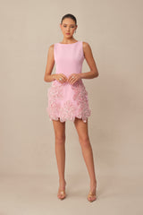 Effortlessly Alluring Pink Sequin Floral Applique Sleeveless Mini Dress