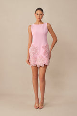 Effortlessly Alluring Pink Sequin Floral Applique Sleeveless Mini Dress