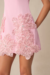 Effortlessly Alluring Pink Sequin Floral Applique Sleeveless Mini Dress