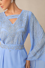 Special Invitation Blue Rhinestone Flare Sleeve Maxi Dress