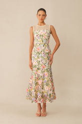 Brunch Ready Beige Floral Embroidered Sleeveless Midi Dress