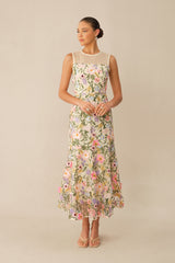 Brunch Ready Beige Floral Embroidered Sleeveless Midi Dress