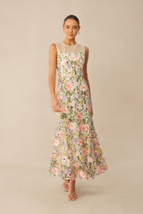 Brunch Ready Beige Floral Embroidered Sleeveless Midi Dress