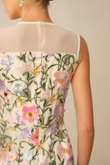 Brunch Ready Beige Floral Embroidered Sleeveless Midi Dress