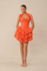 Love The Moment Orange Sweetheart Corset Tiered Ruffle Mini Dress