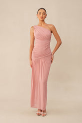 Almost Love Pink One Shoulder Ruched Knit Maxi Dress