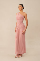 Almost Love Pink One Shoulder Ruched Knit Maxi Dress