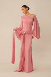 All About Her Pink One Shoulder Butterfly Brooch Maxi Dress