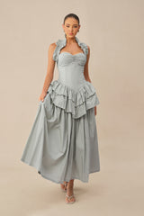 Almost Perfect Blue Halter Neck Layered Ruffle Maxi Dress