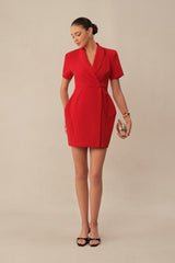 Own The Room Red Shawl Collar Short Sleeve Blazer Mini Dress