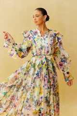 In Full Bloom Multi Floral Ruffle Long Sleeve Maxi Dress