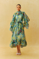 Somewhere Beautiful Green Printed High Neck Ruffle Sleeve Midi Dress