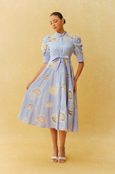 Slow Living Blue Striped Paisley Print Short Sleeve Midi Dress