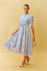 Slow Living Blue Striped Paisley Print Short Sleeve Midi Dress