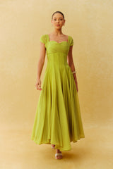 Little Moment Green Cap Sleeve Pleated Bodice Maxi Dress