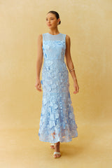 Always Graceful Blue Floral Applique Sleeveless Maxi Dress