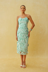Special Invite Mint Green Strapless Floral Embroidery Midi Dress