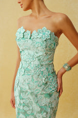 Special Invite Mint Green Strapless Floral Embroidery Midi Dress