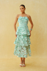 Almost Perfect Mint Green Strapless Floral Embroidery Tiered Midi Dress