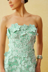 Almost Perfect Mint Green Strapless Floral Embroidery Tiered Midi Dress