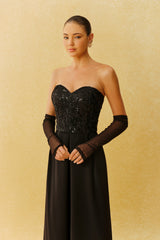 Night Elegance Black Sweetheart Beaded Jumpsuit With Gloves