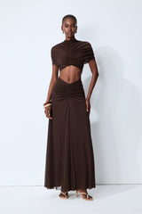 Modern Muse Brown High Neck Cutout Maxi Dress