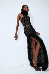 Midnight Mischief Black Lace High Slit Maxi Dress