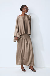 Effortless Poise Khaki Cape Sleeve Top & Maxi Dress Set