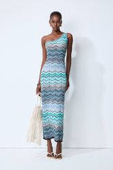 Chasing Paradise Blue Chevron One Shoulder Maxi Dress