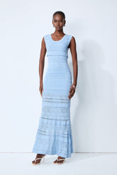 Slow Summer Blue Sleeveless Tiered Knit Maxi Dress
