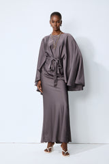Exceptionally Graceful Grey Satin Cape Sleeve Top & Skirt Set