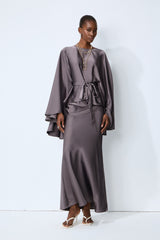 Exceptionally Graceful Grey Satin Cape Sleeve Top & Skirt Set