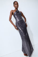 Glow All Night Grey Floral Applique Sequin Maxi Dress
